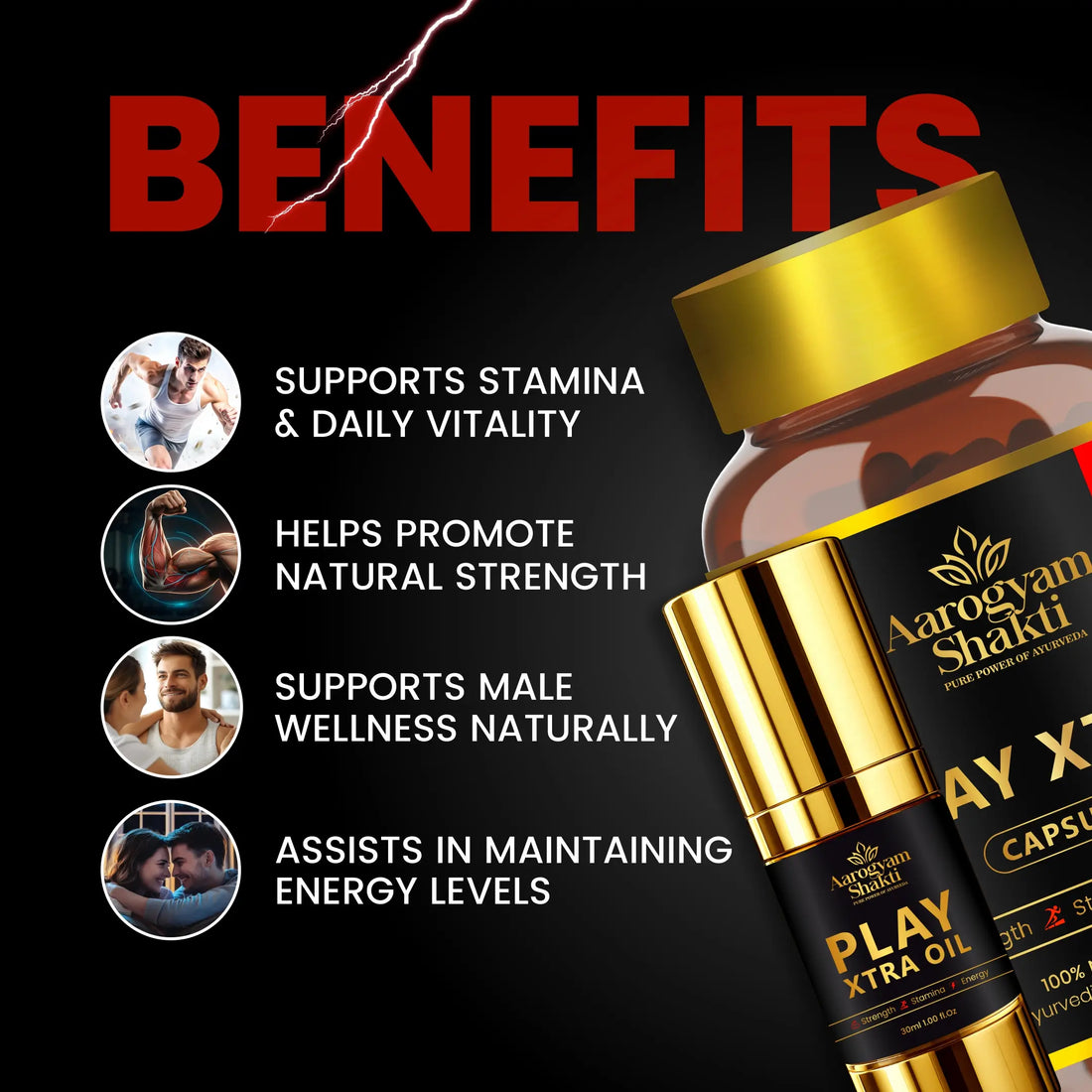 Play Xtra Capsule + Play Xtra Oil + Udar Saffa Powder Combo – Ayurvedic Stamina, Energy & Digestion Care
